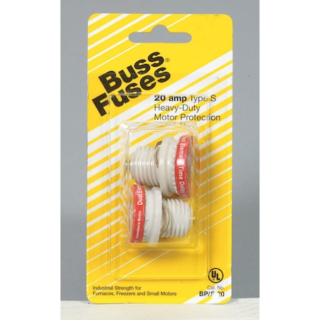 Eaton Bussmann Plug Fuse, S Series, Time-Delay, 20A, 125V AC, Indicating, 10kA at 125V AC BP/S-20